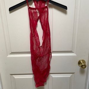 Red sheer bodysuit plunging neckline med